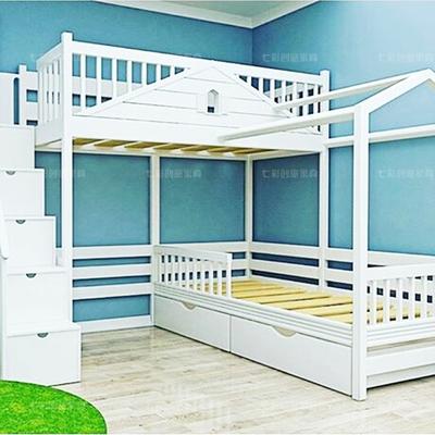 实木儿童床欧式树屋床带楼梯柜上下高低双层子母床带护栏储物床
